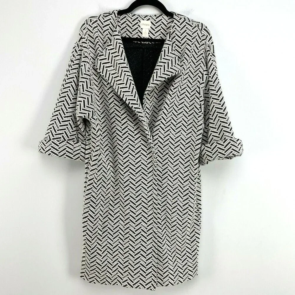Chicos 1 Womens Medium Jacket‎ 3/4 Sleeve Snap Closure Relax Coat Lagenlook